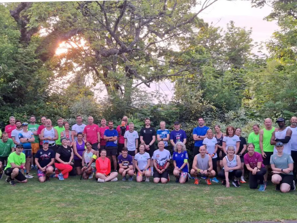 Maidstone Harriers Club Run group photo taken at the Maidstone Hockey Club in June 2025