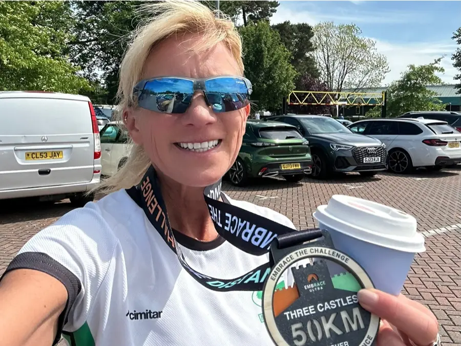 Sharon Barnett secures a podium finish at the Three Castles 50K ultra trail race with 2nd in age group and 5th lady overall. A true Harrier effort!