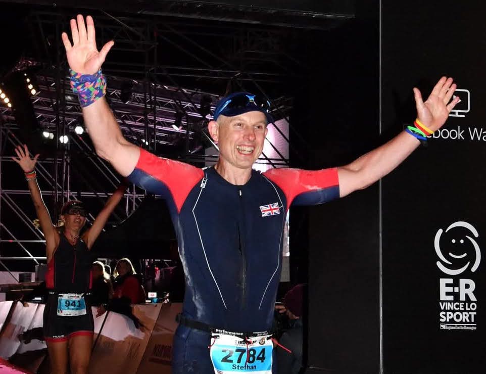 Member of the Month for June 2025. Stefhan Lewis, crossing the finish line after completing an Ironman in Italy. Proudly representing Maidstone Harriers
