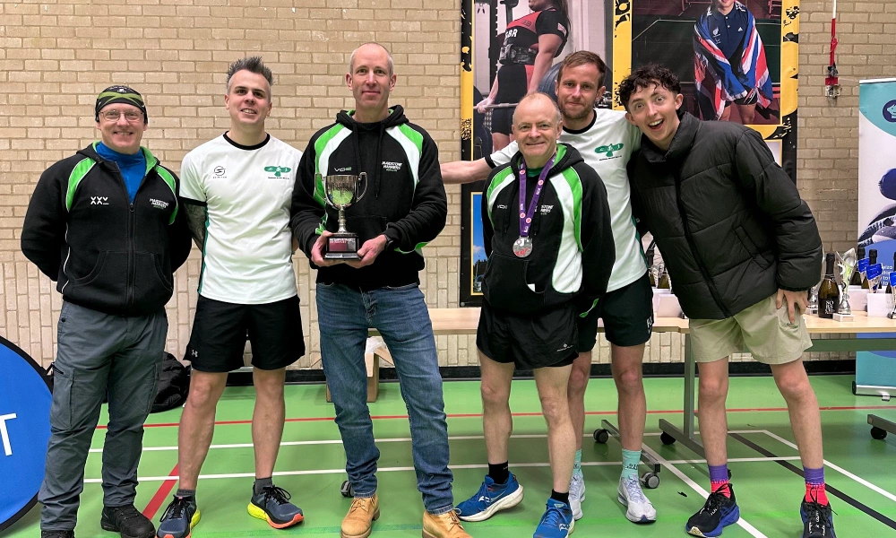 Maidstone Harriers group photo at Canterbury 10 Mile featuring Andre Masters (Lead Run Coach), Simon Apps, Rob Dunnill (Club Chair), Martin Jones (Vice-Chair), Phil Edmonds and Sam Flood