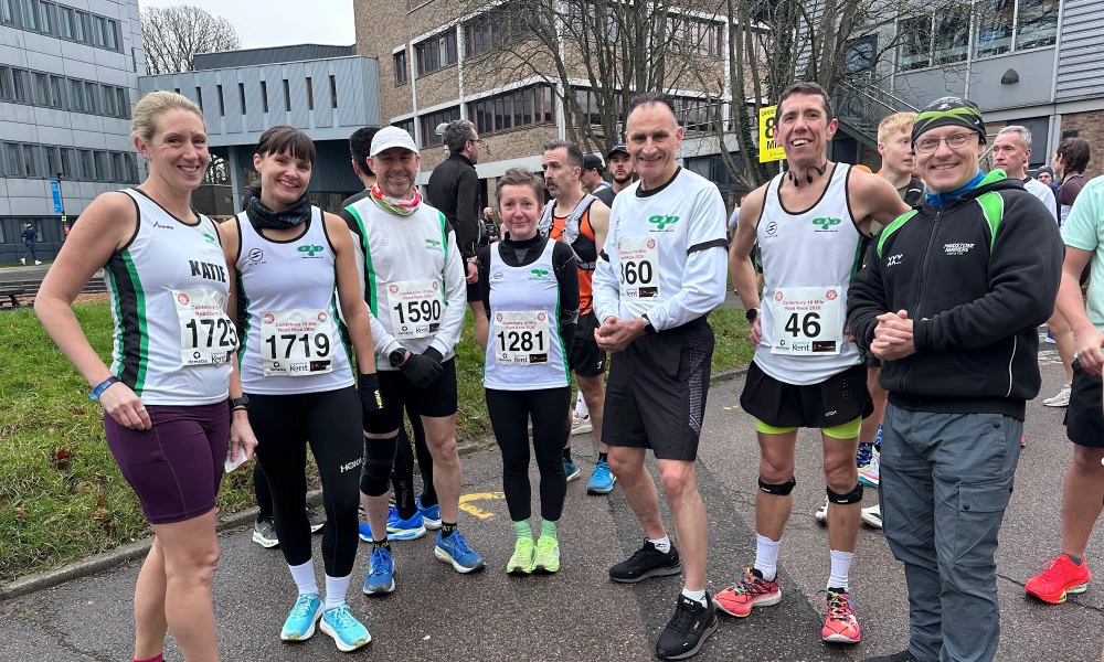 Maidstone Harriers runners gathering before the start at the Canterbury 10 Mile event.