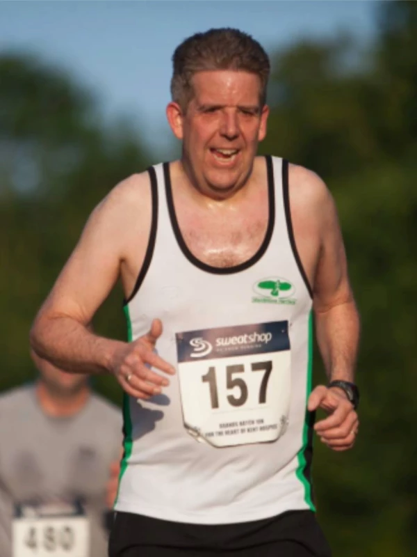 Maidstone Harriers Member of the Month for February 2026 is Matt Fraser. Photo is Matt with bib 157 in the white Harriers vest