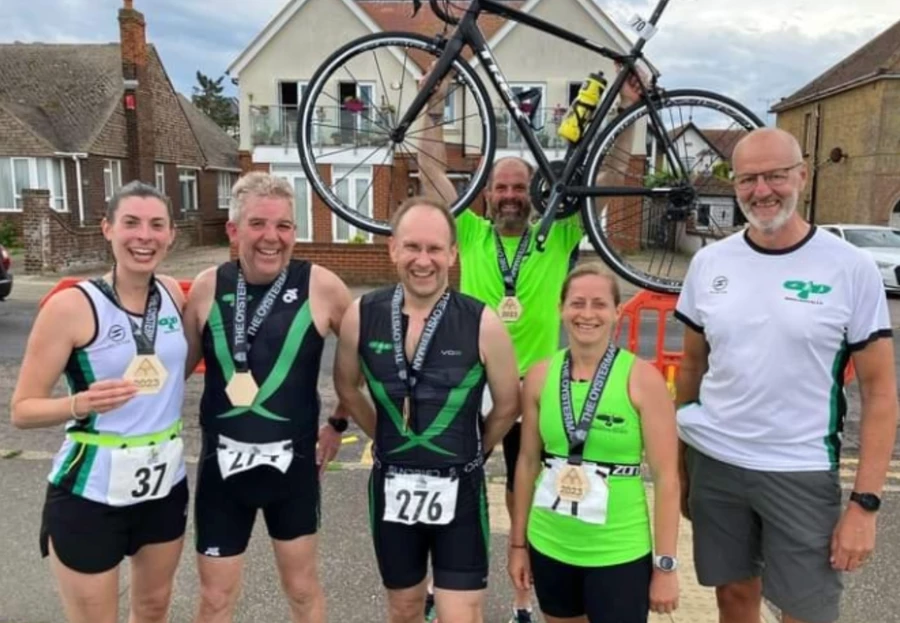 Maidstone Harriers Member of the Month for February 2026 is Matt Fraser. Photo is Matt and fellow Harriers at a Triathlon event