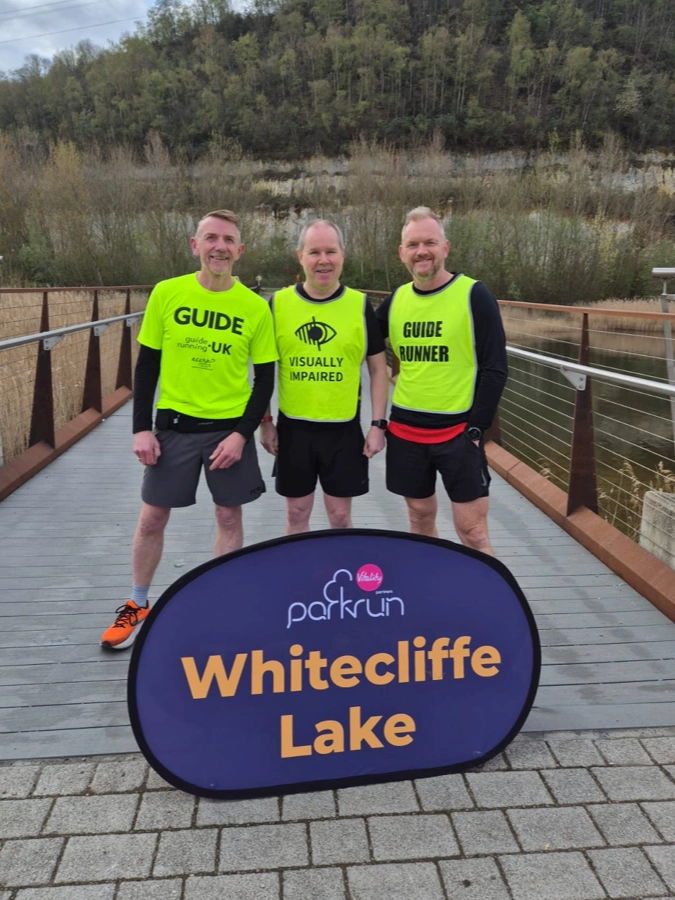 Blind runner Barry Ginley of Maidstone Harriers with guide runners Anthony Bishop and Tony Potter at Whitecliffe Lake parkrun.