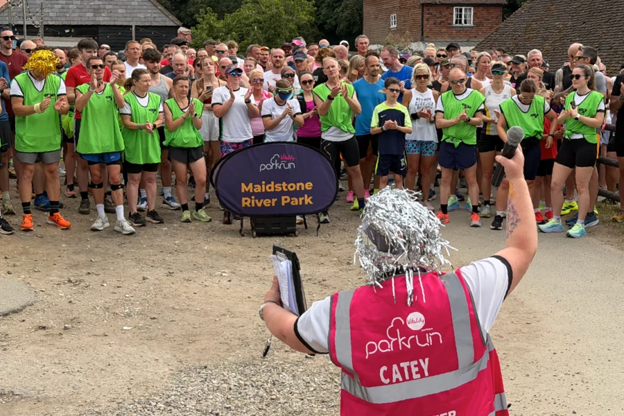 Maidstone Harriers, volunteer takeover at Maidstone River Parkrun, with Catey as welcoming the participants