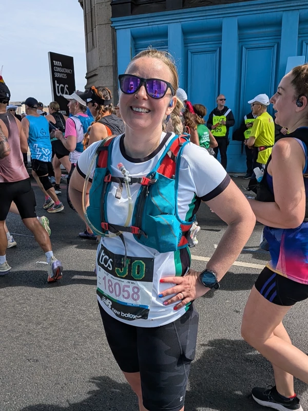 Maidstone Harriers runner Jo Smit at the 2026 TCS London Marathon wearing race number 18058